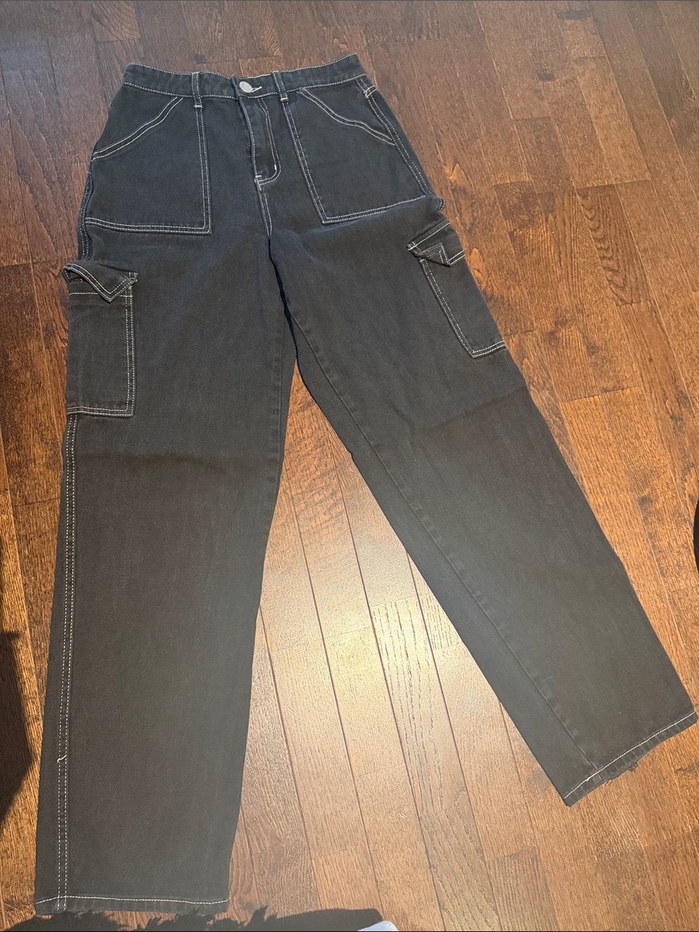 Boohoo Black Cargo Pants with Contrast Stitching